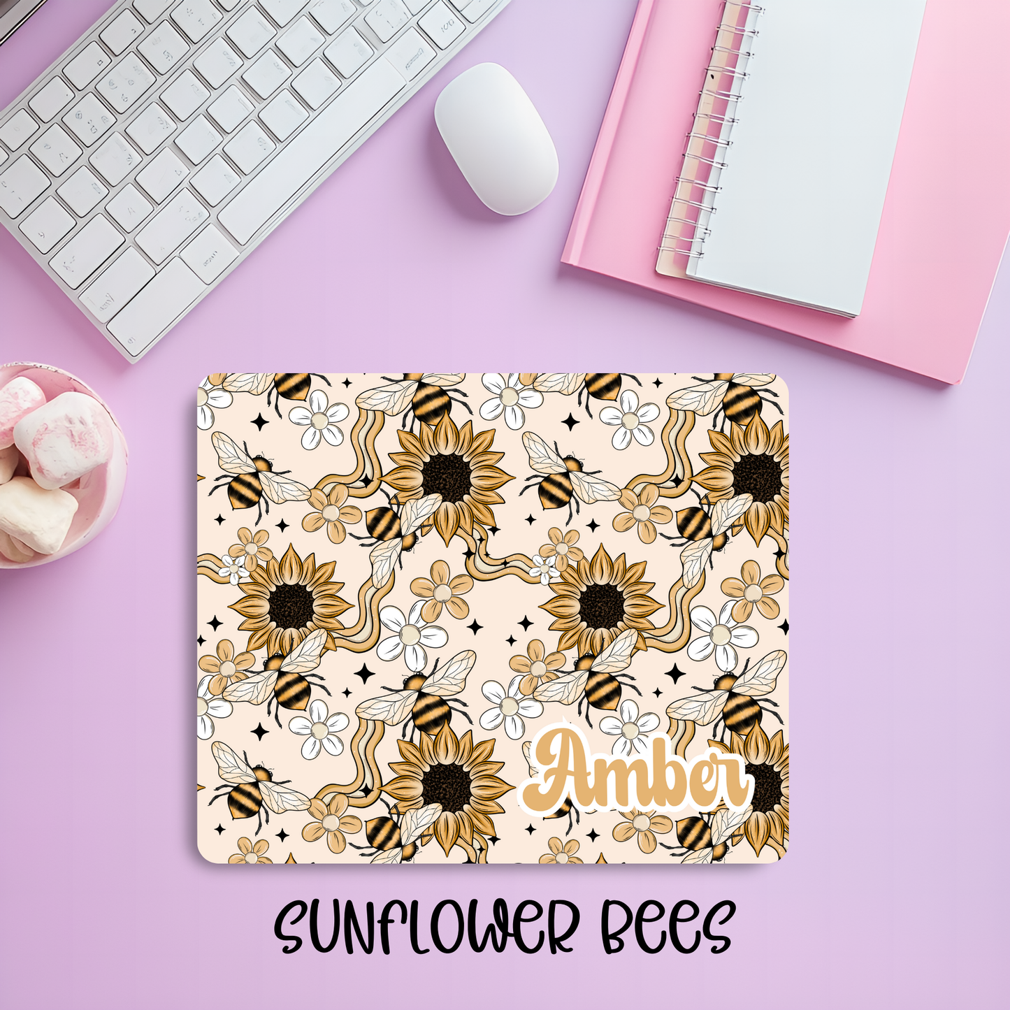 Personalized Whimsical Bee & Sunflower Mousepad – Custom Name Nature-Inspired Desk Mat