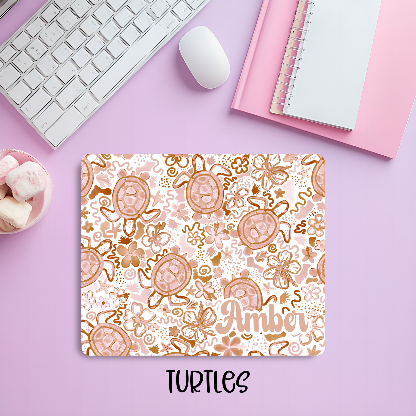 Personalized Vintage Turtle Mousepad – Personalized Name Hand-Drawn Ocean Desk Mat