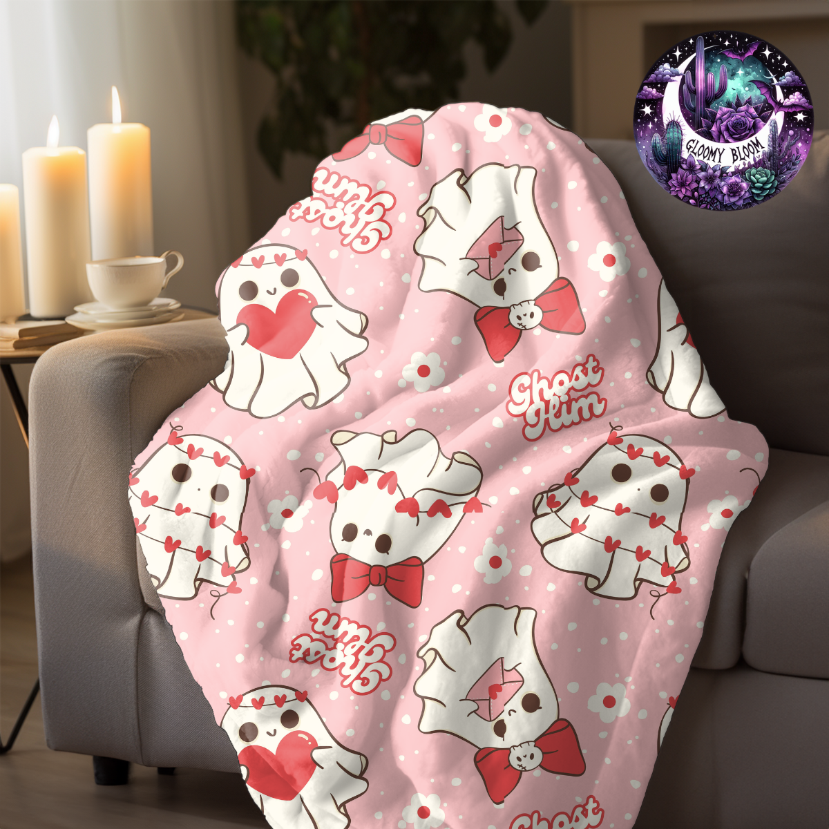 Plush Blanket Ghost Him Retro Pink Ghost Valentine's Day Blanket