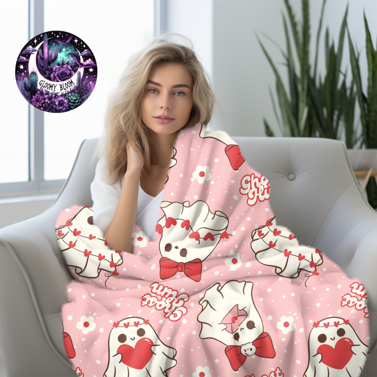 Plush Blanket Ghost Him Retro Pink Ghost Valentine's Day Blanket