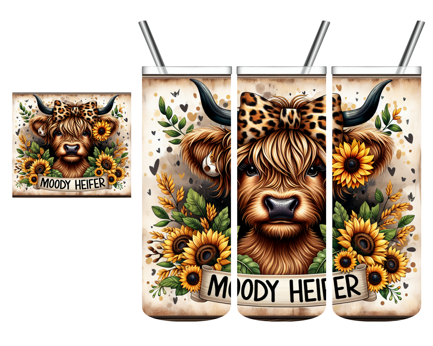 Leopard Boo Moody Heifer Highland Cow 20 oz Tumbler