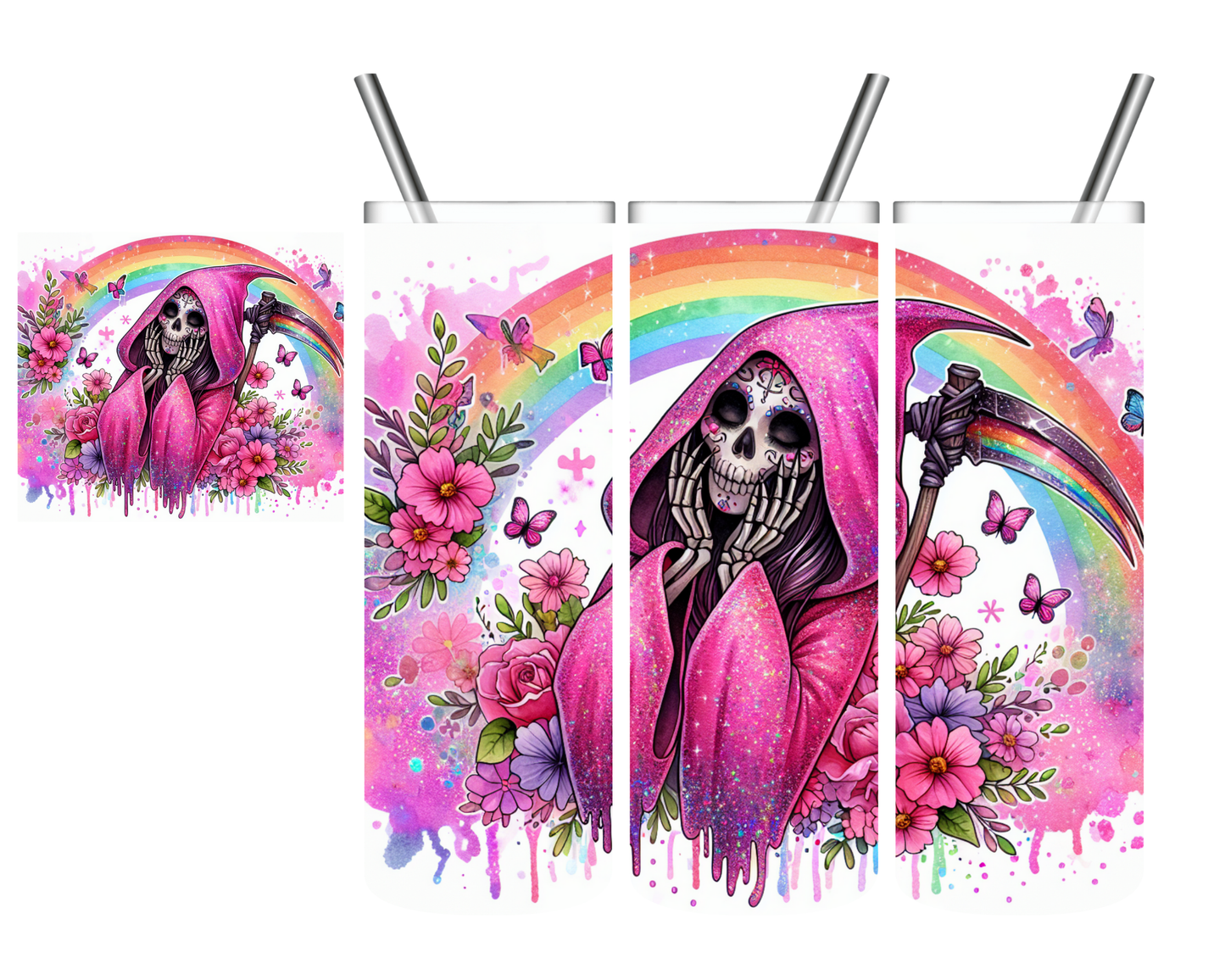 Pink Glitter Reaper Rainbow 20 oz Tumbler