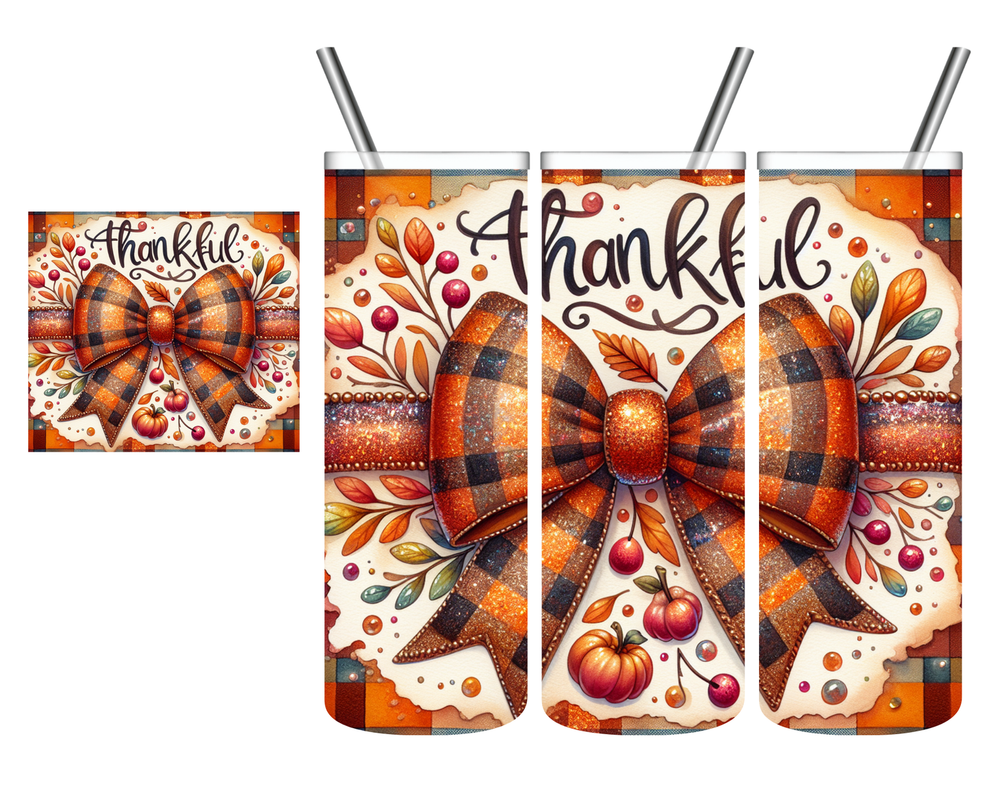Thankful Plaid Bow Glitter Thanksgiving 20 oz Tumbler