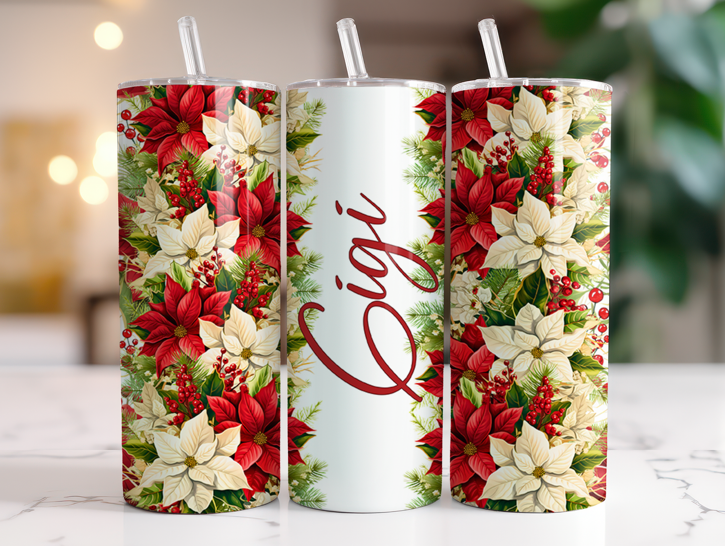 Personalized Poinsettia Christmas 20 oz Tumbler Nana Mimi Mama Grammy Grandma Granny Gigi Auntie