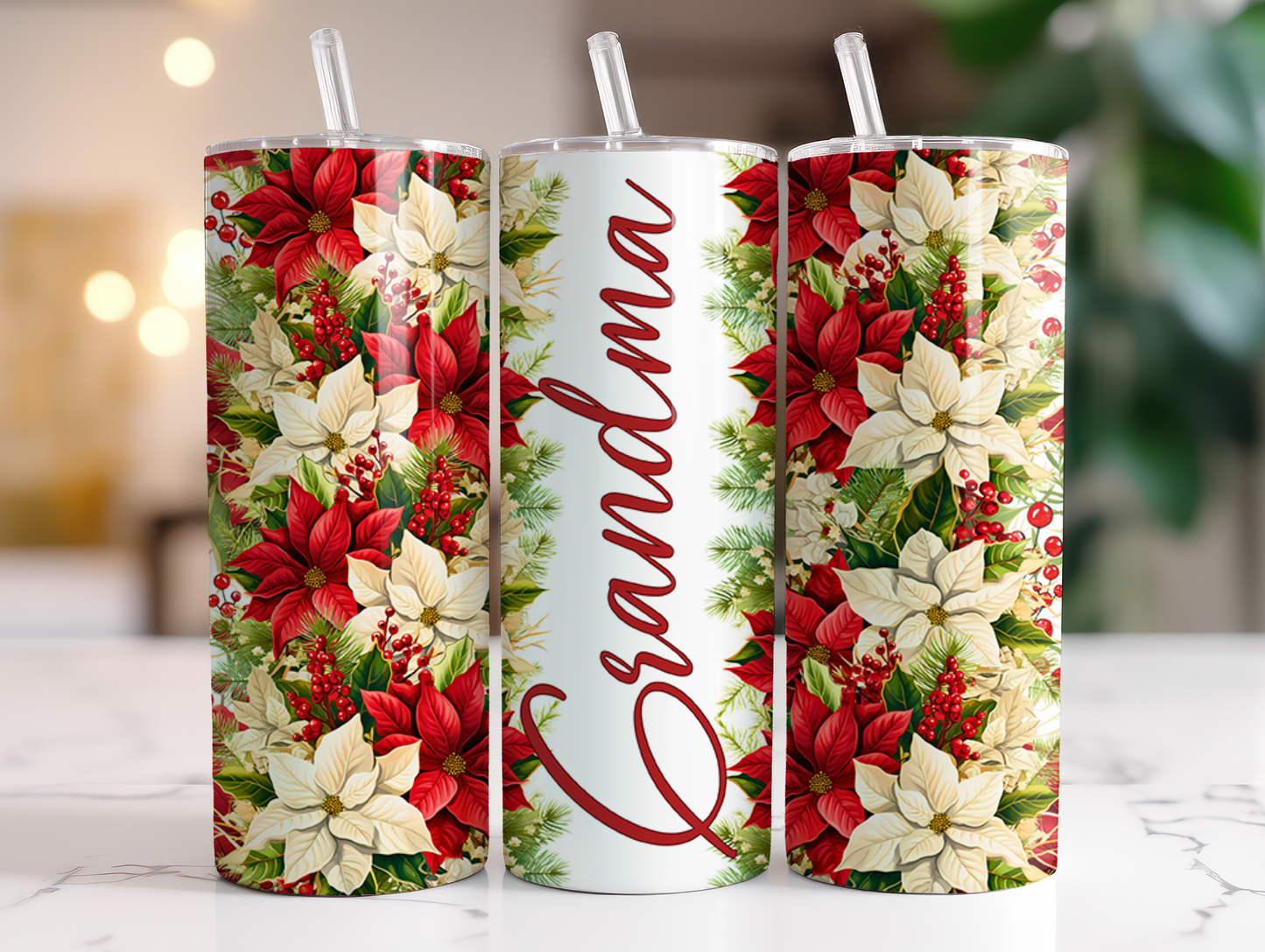 Personalized Poinsettia Christmas 20 oz Tumbler Nana Mimi Mama Grammy Grandma Granny Gigi Auntie