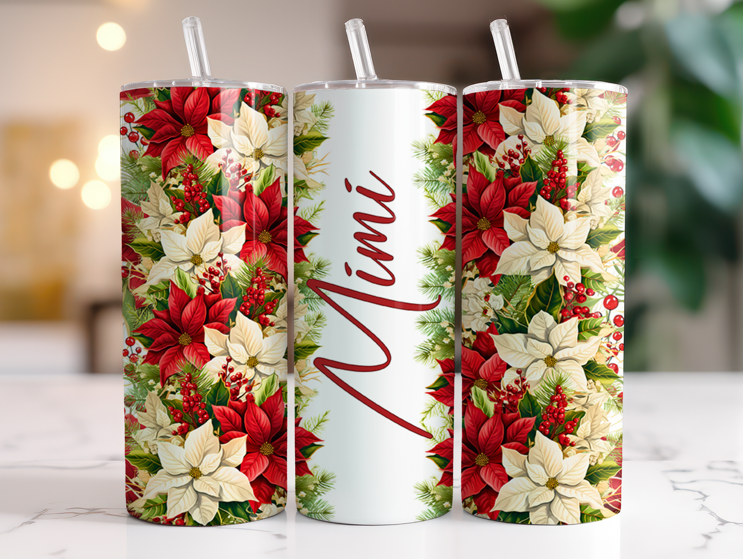 Personalized Poinsettia Christmas 20 oz Tumbler Nana Mimi Mama Grammy Grandma Granny Gigi Auntie