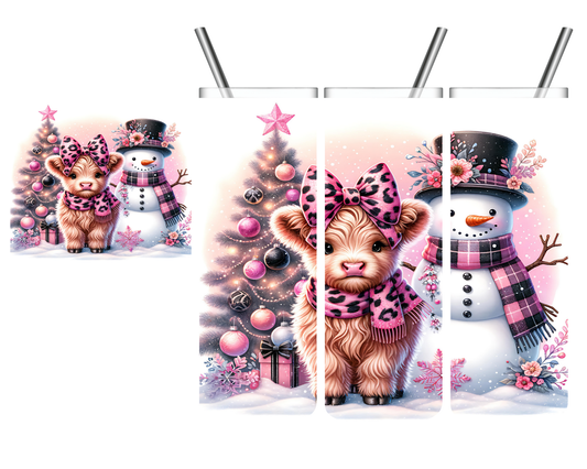 Pink Highland Snowman Christmas 20 oz Tumbler