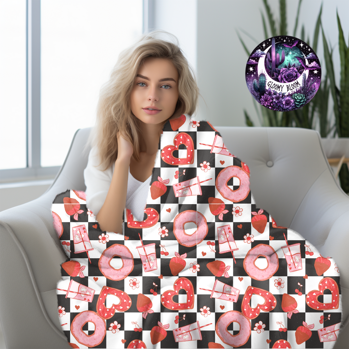 Plush Blanket Retro Coffee Donuts Checkered Valentine's Day Gift
