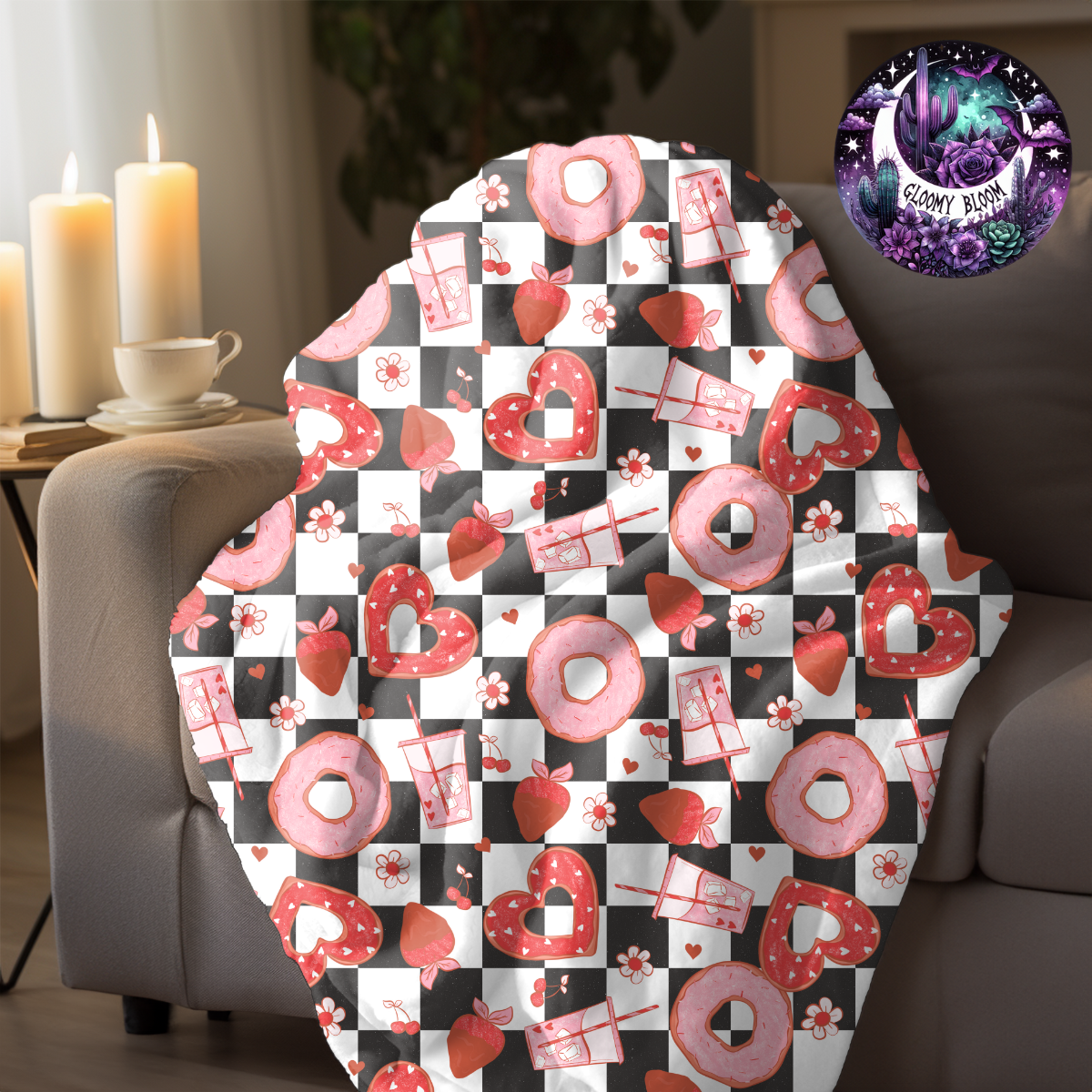 Plush Blanket Retro Coffee Donuts Checkered Valentine's Day Gift