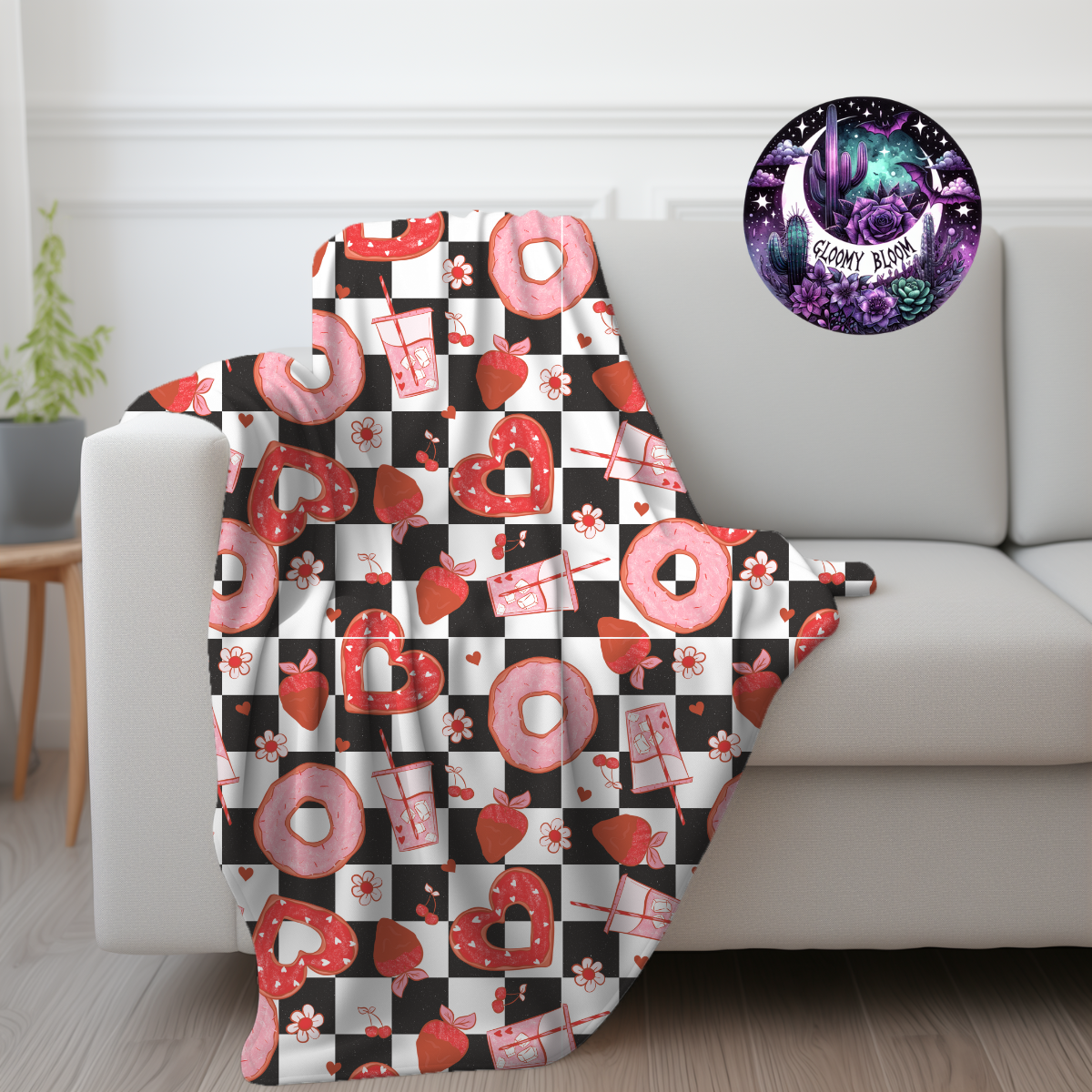 Plush Blanket Retro Coffee Donuts Checkered Valentine's Day Gift