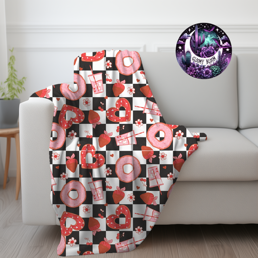 Plush Blanket Retro Coffee Donuts Checkered Valentine's Day Gift