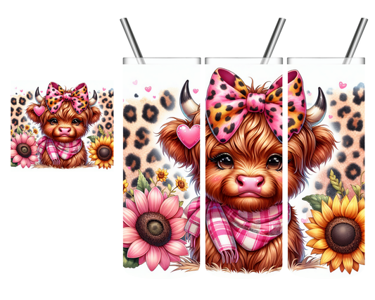 Pink Leopard Bow Highland Cow 20 oz Tumbler