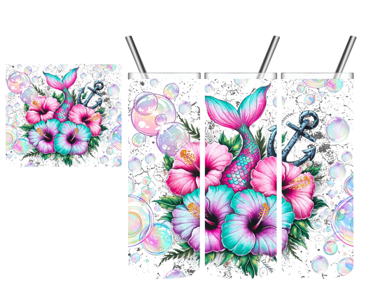 Floral Mermaid Tail Anchor 20 oz Tumbler