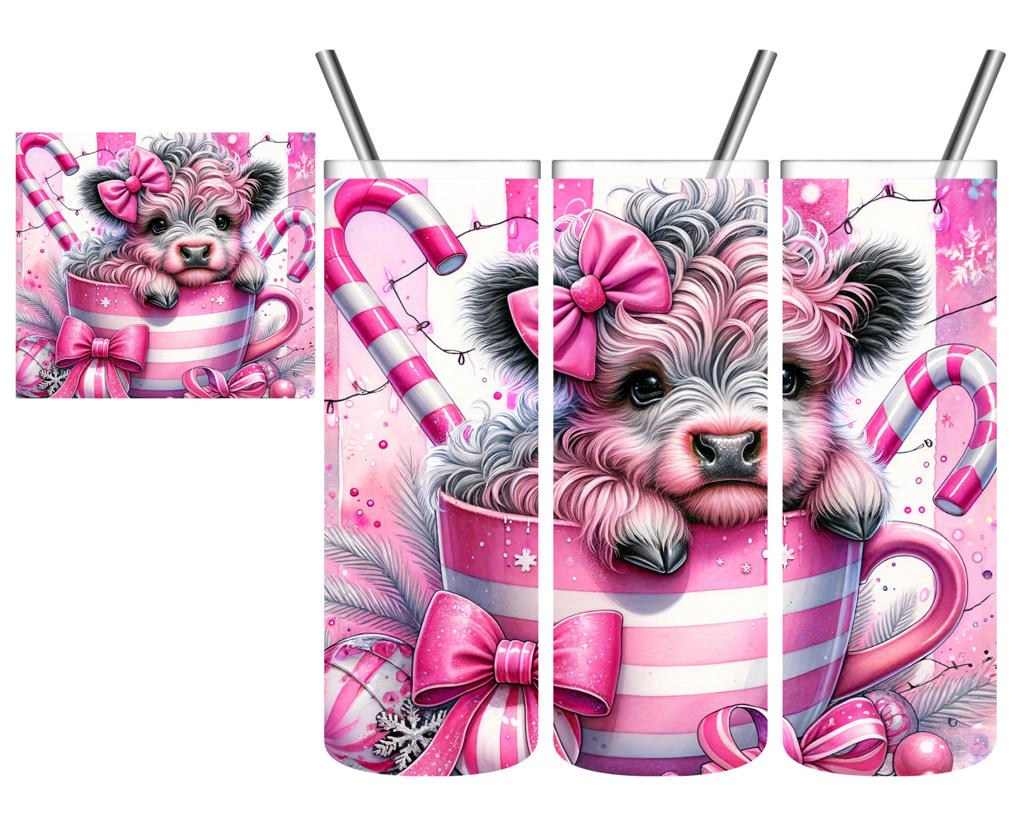 Pink Christmas Candy Cane Highland Cow 20 oz Tumbler
