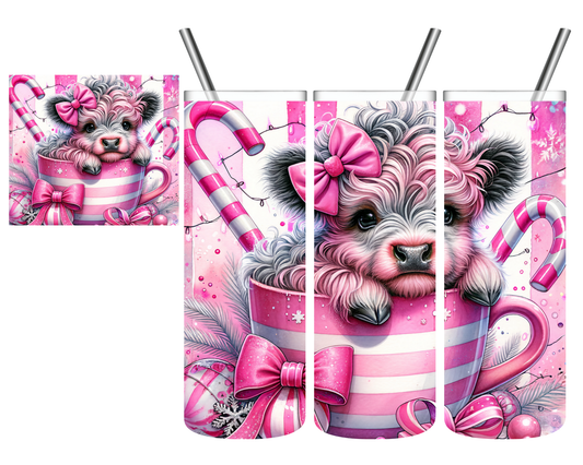 Pink Christmas Candy Cane Highland Cow 20 oz Tumbler