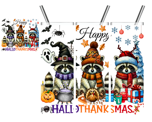 Happy Hallowthanksmas Raccoon Halloween Thanksgiving Christmas 20 oz Tumbler