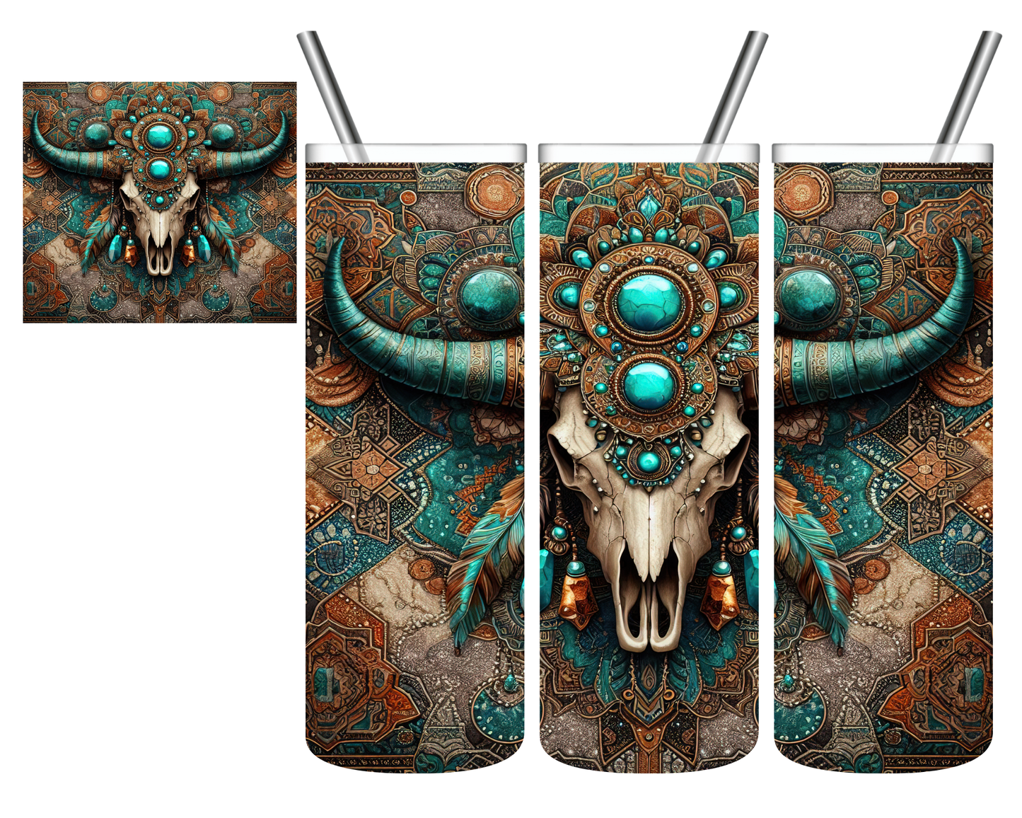 Turquoise Western Cow Skull 20 oz Tumbler