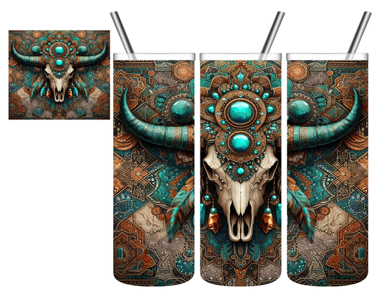Turquoise Western Cow Skull 20 oz Tumbler