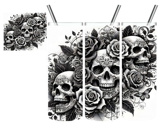 Black & White Skulls & Roses 20 oz Tumbler