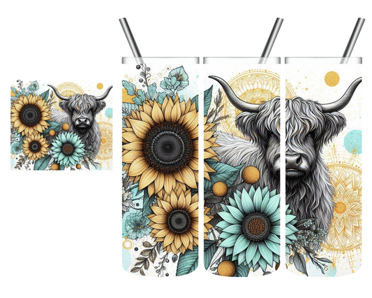 Blue Yellow Sunflower Highland Cow 20 oz Tumbler