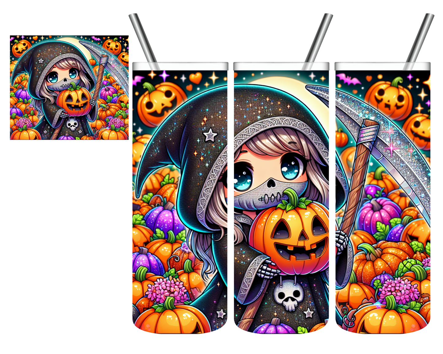 Glitter Pumpkin Grim Reaper 20 oz Tumbler