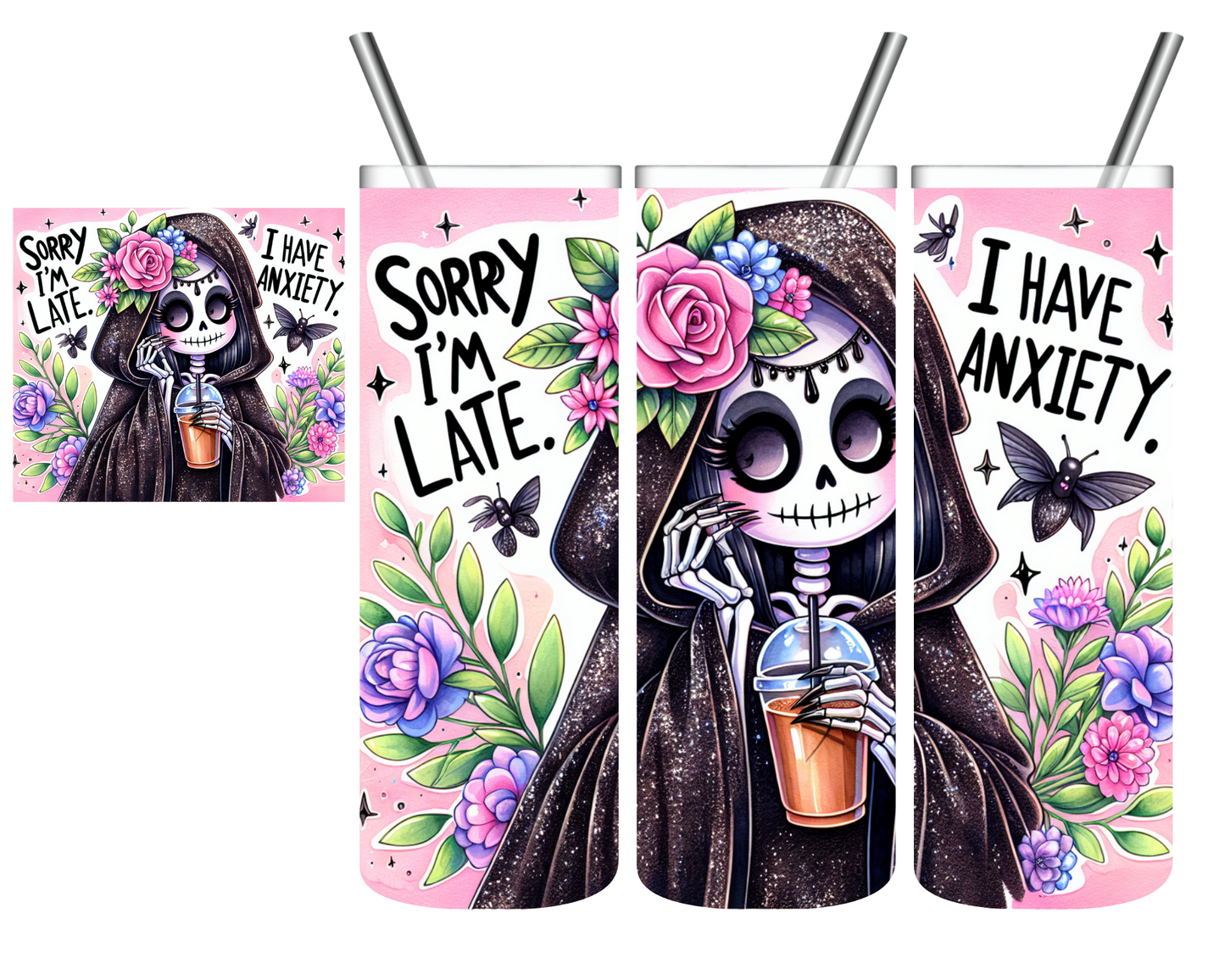 Sorry I'm Late Anxiety Grim Reaper 20 oz Tumbler