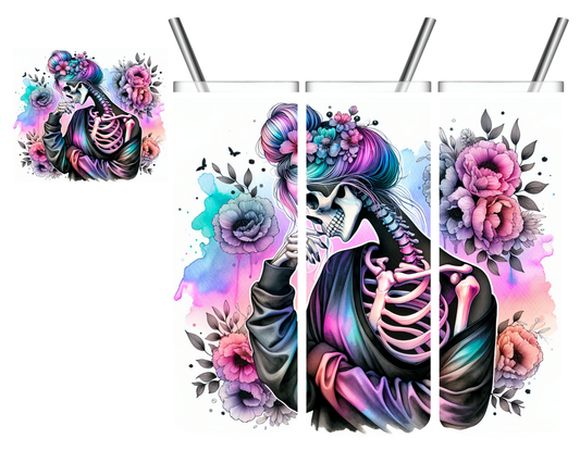 Iridescent Skeleton Woman Messy Bun 20 oz Tumbler