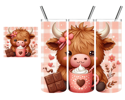 Pink Hot Chocolate Highland Cow 20 oz Tumbler