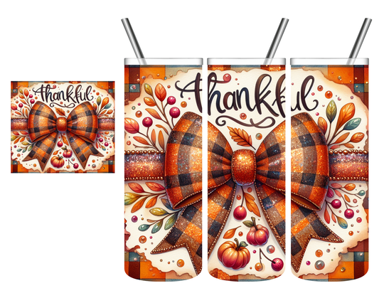 Thankful Plaid Bow Glitter Thanksgiving 20 oz Tumbler